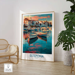 Estepona Spain Sunset Marina Art Print | Andalusian Coastal Poster displayed in a bright room with boats reflecting in water.