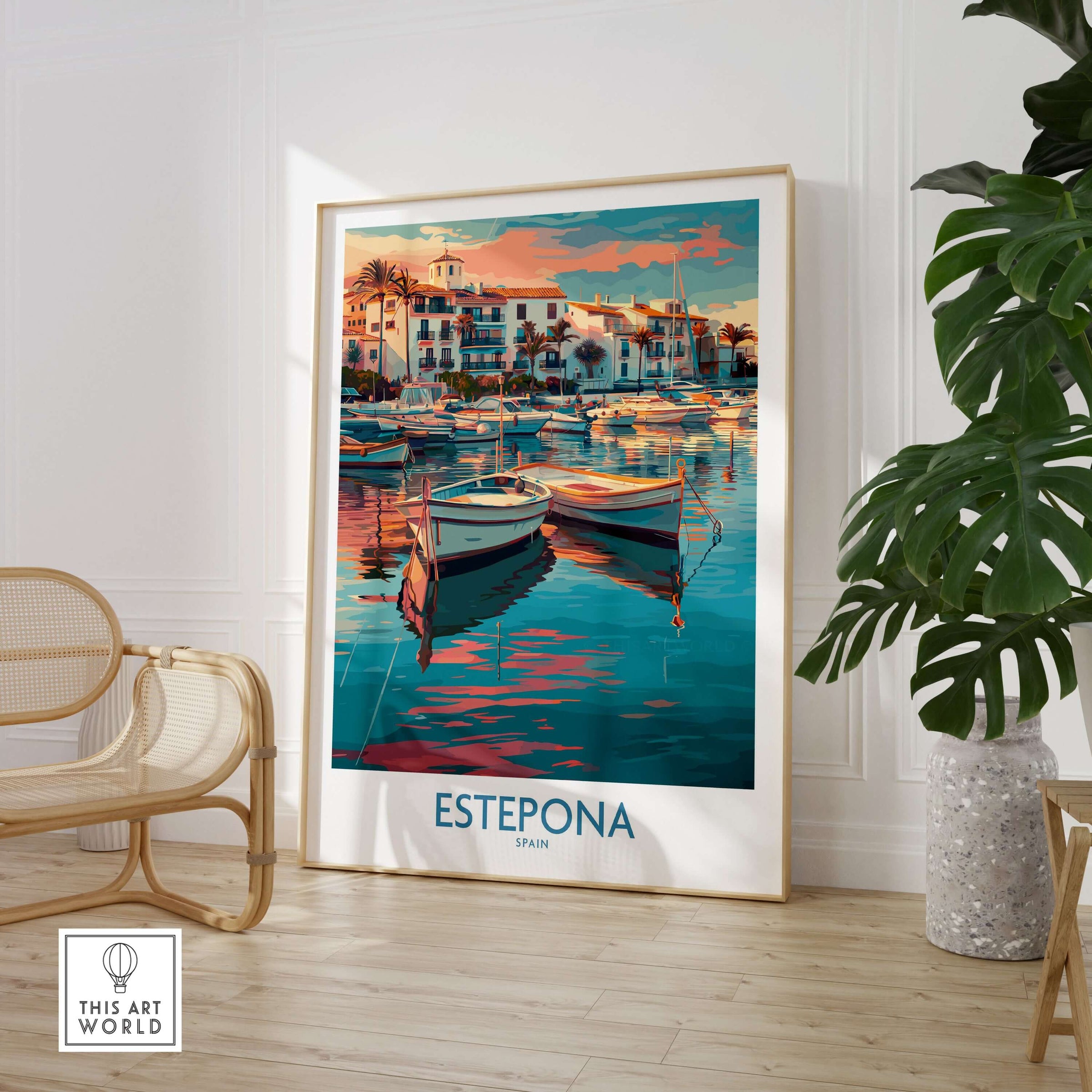 Estepona Spain Sunset Marina Art Print | Andalusian Coastal Poster displayed in a bright room with boats reflecting in water.