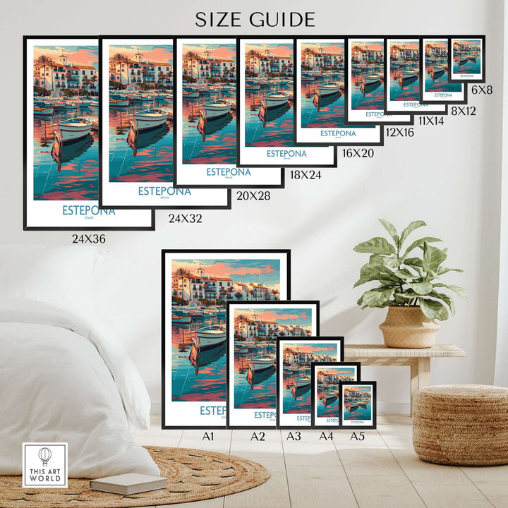 Estepona Spain Sunset Marina Art Print | Andalusian Coastal Poster size guide showing various frame sizes.