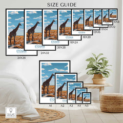 Size guide for Etosha National Park Poster showing various frame sizes with giraffe artwork.
