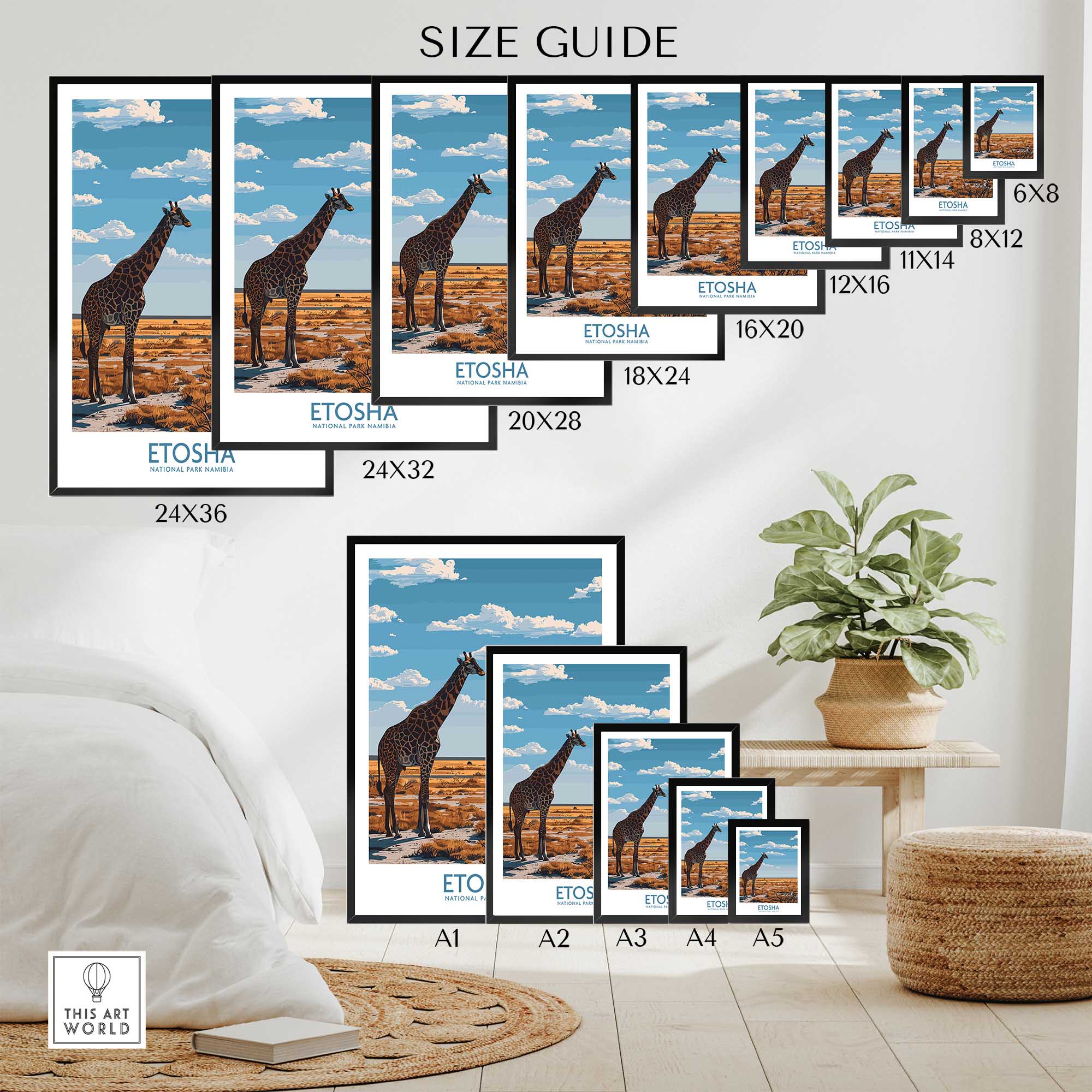 Size guide for Etosha National Park Poster showing various frame sizes with giraffe artwork.