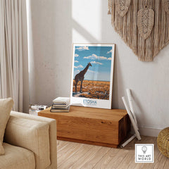 Etosha National Park Poster featuring a giraffe and the Namib Etosha plains in a stylish home decor setting.