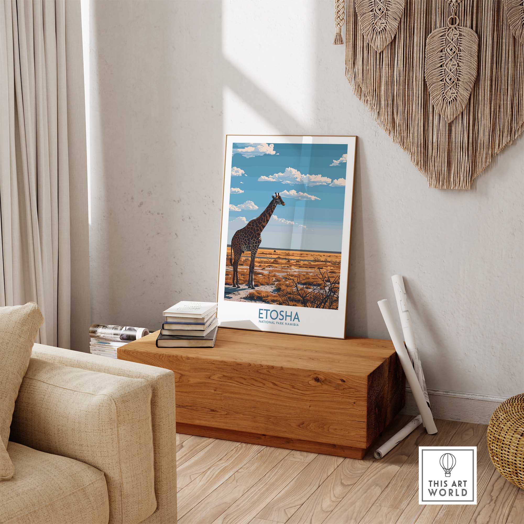 Etosha National Park Poster featuring a giraffe and the Namib Etosha plains in a stylish home decor setting.