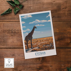 Etosha National Park Poster featuring a giraffe and the Namib Etosha plains landscape.