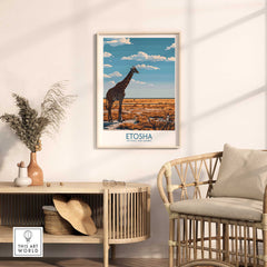 Etosha National Park Poster featuring a giraffe and the Namib Etosha plains in a stylish interior setting.