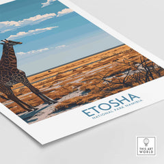 Etosha National Park Poster featuring a giraffe and Namib Etosha plains landscape, perfect for nature lovers.