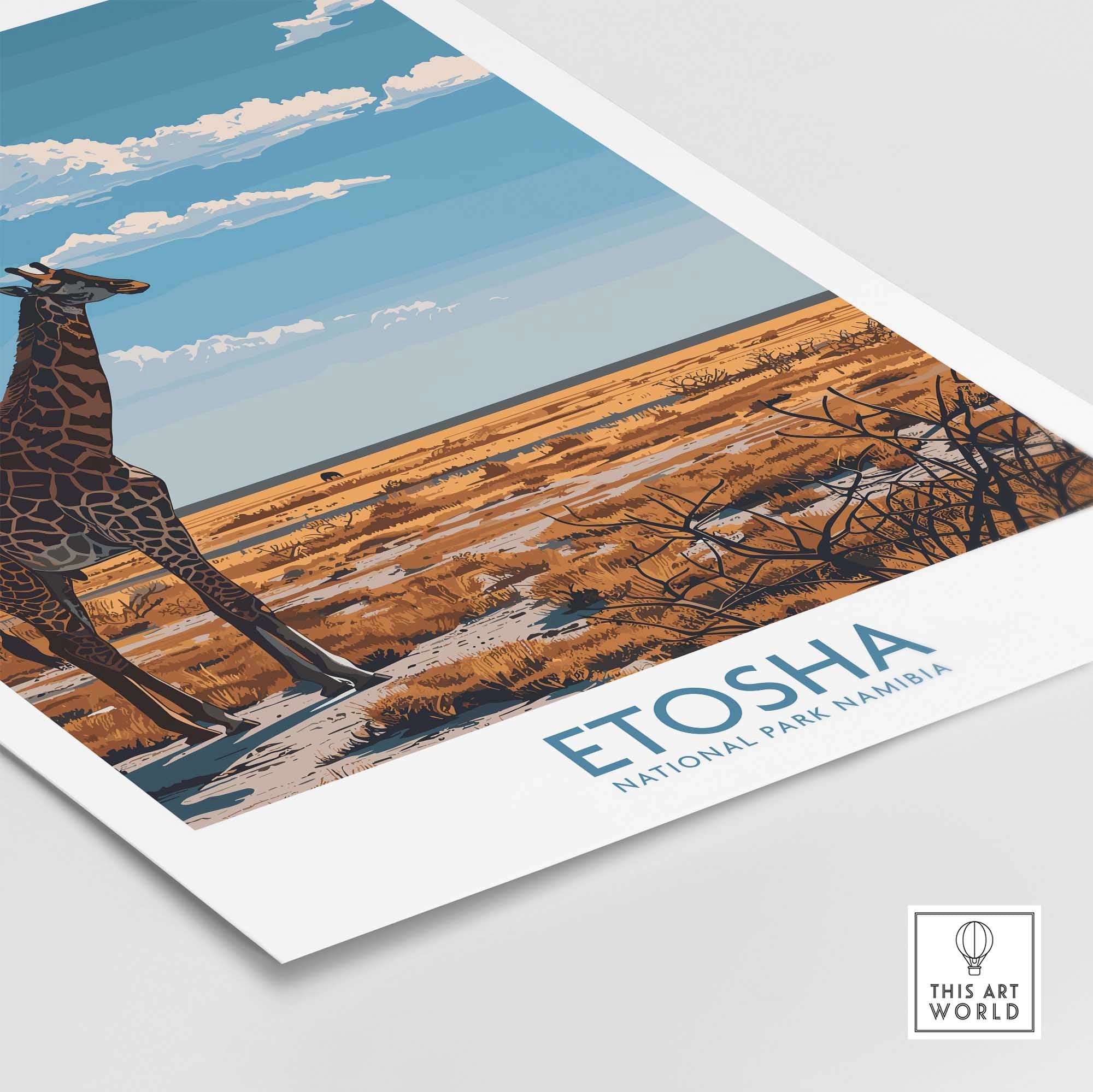 Etosha National Park Poster featuring a giraffe and Namib Etosha plains landscape, perfect for nature lovers.