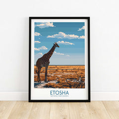 Etosha National Park Poster featuring a giraffe and the Namib Etosha plains in a stunning landscape.
