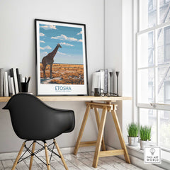 Etosha National Park Poster featuring a giraffe and Namib Etosha plains in a stylish interior setting.