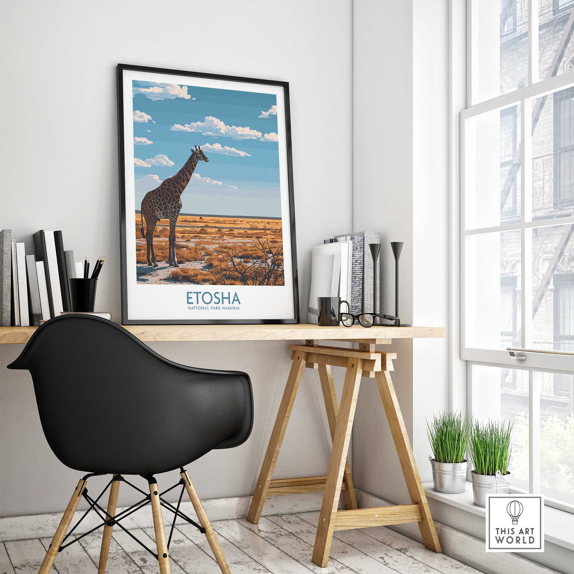 Etosha National Park Poster featuring a giraffe and Namib Etosha plains in a stylish interior setting.