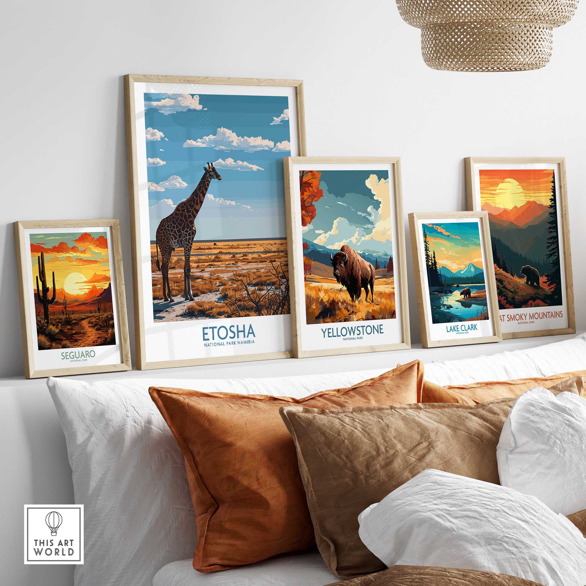 Etosha National Park Poster displayed among other nature-themed posters in a stylish home setting.