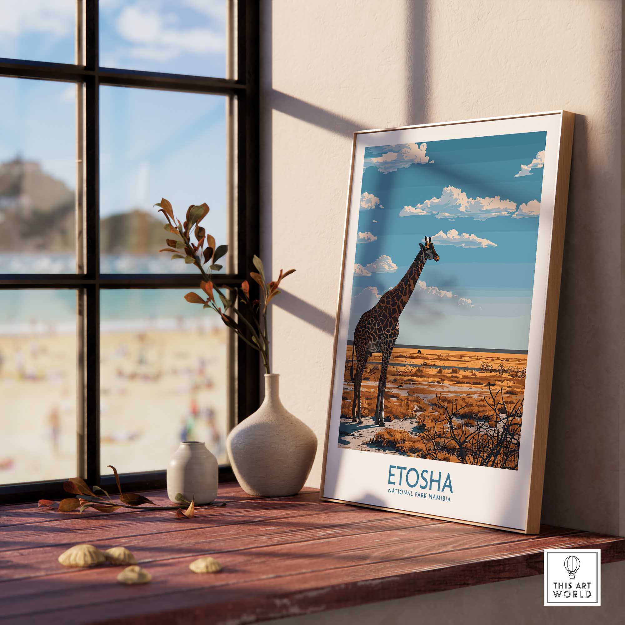 Etosha National Park Poster featuring a giraffe on the Namib Etosha plains, displayed in a cozy interior setting.