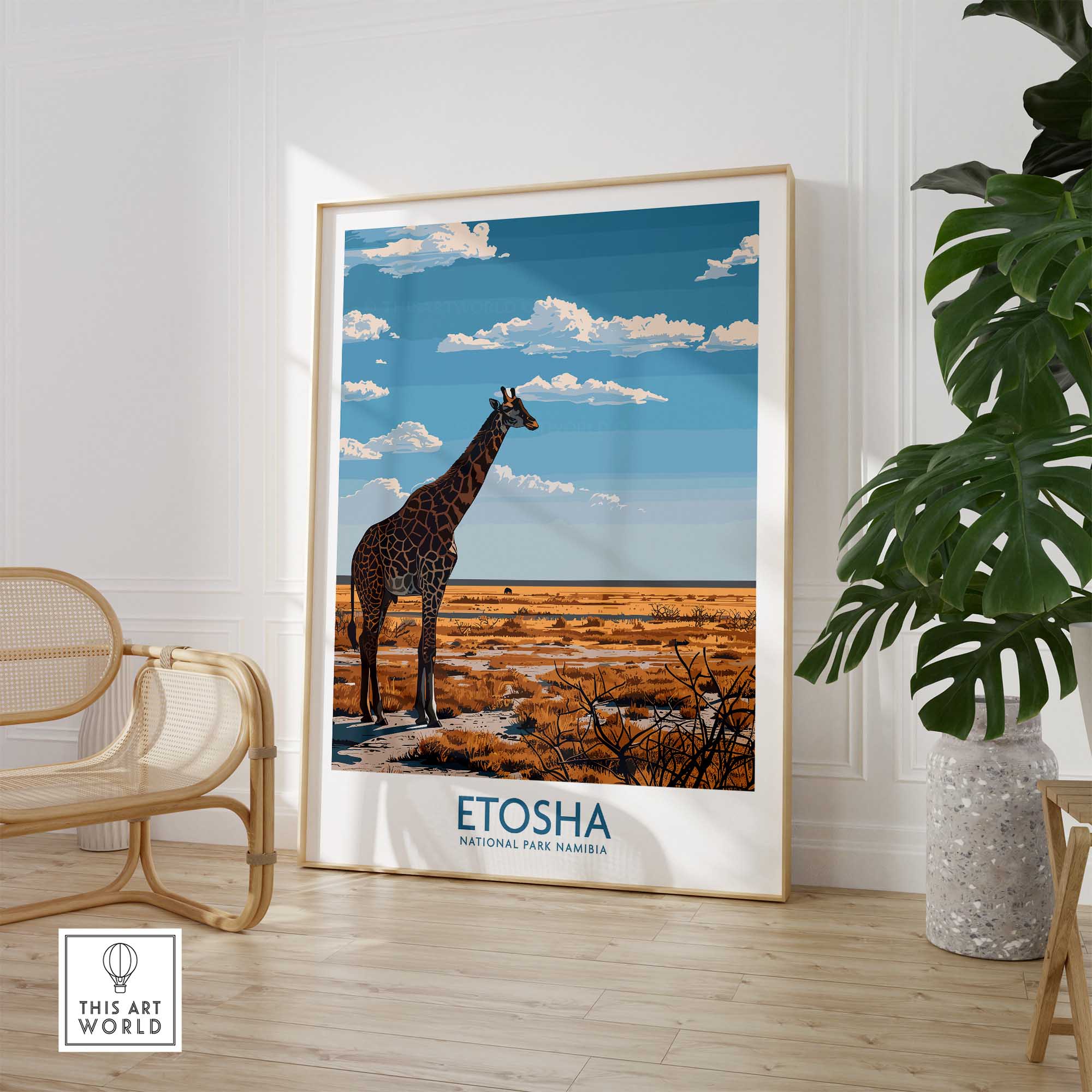 Etosha National Park Poster featuring a giraffe against the Namib Etosha plains in a stylish interior setting.