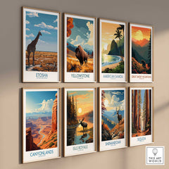 Etosha National Park Poster featuring giraffe and landscape, perfect for nature lovers and travel enthusiasts.