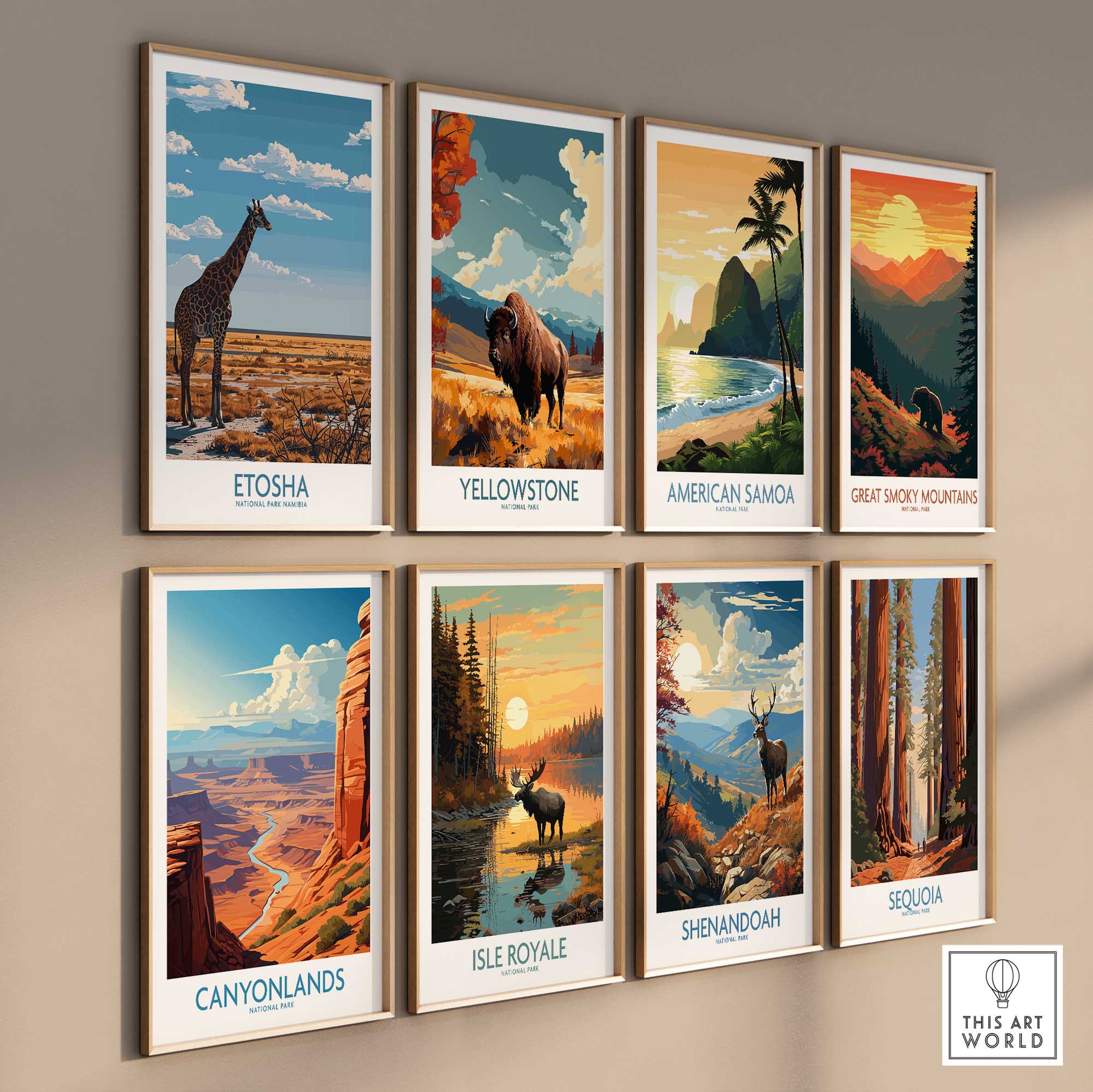 Etosha National Park Poster featuring giraffe and landscape, perfect for nature lovers and travel enthusiasts.