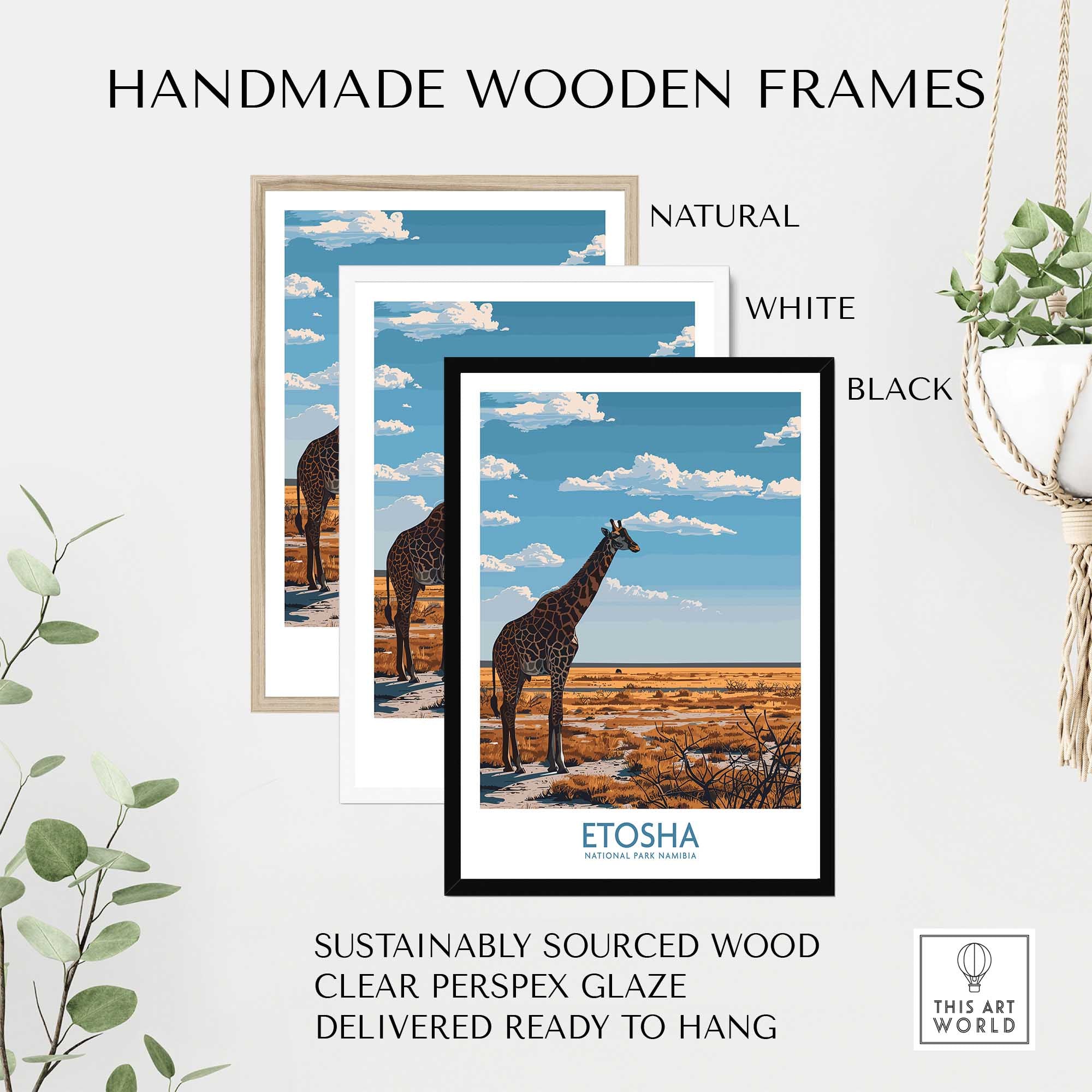 Etosha National Park Poster featuring giraffes in handmade wooden frames of natural, white, and black colors.