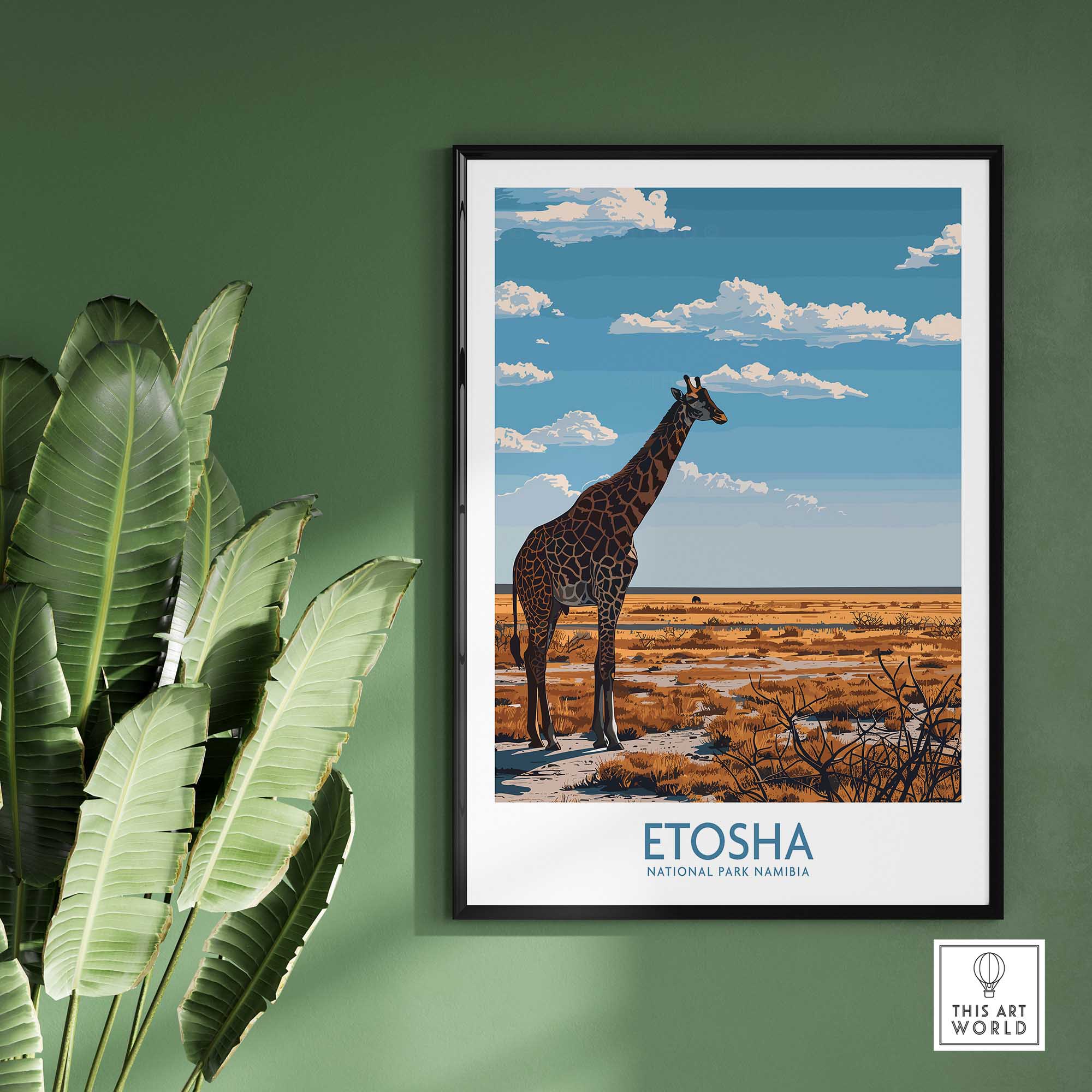 Etosha National Park Poster featuring a giraffe in the Namib Etosha plains landscape, perfect for nature lovers.