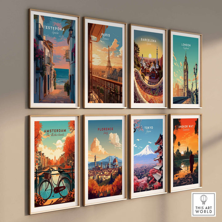 Estepona Balcony View Beach Print | Andalusian Home Decor displayed in a stylish gallery wall of travel posters.
