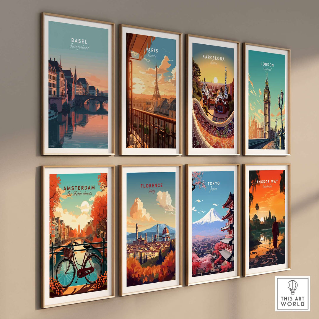 Gallery of European cityscape prints featuring Basel, Paris, Barcelona, London, Amsterdam, Florence, Tokyo, and Angkor Wat.