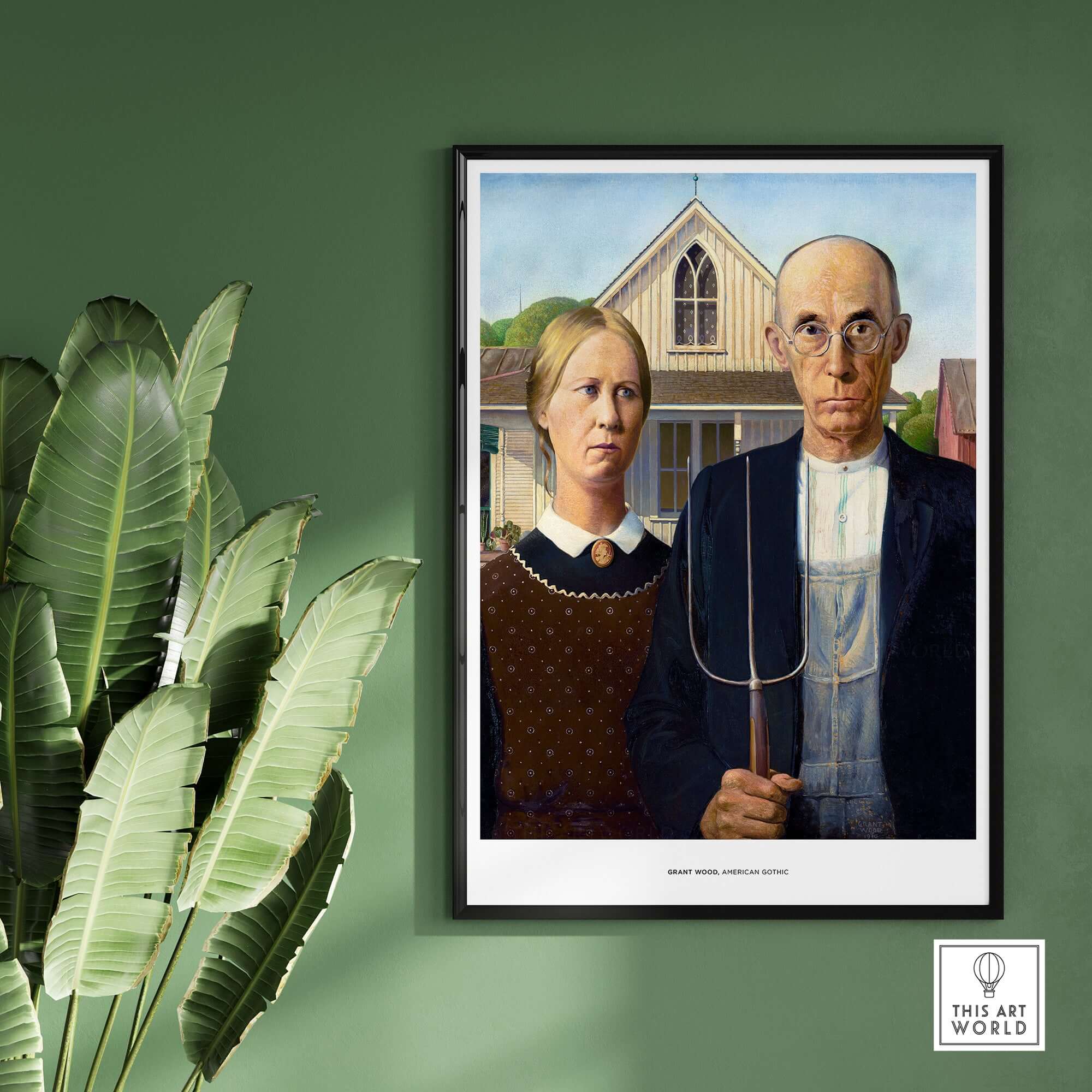 Exhibition Art Print American Gothic Grant Wood Famous Painting Wall Art Poster displayed on green wall with plants.