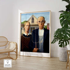 Exhibition Art Print American Gothic Grant Wood Famous Painting Wall Art Poster displayed in modern home interior.