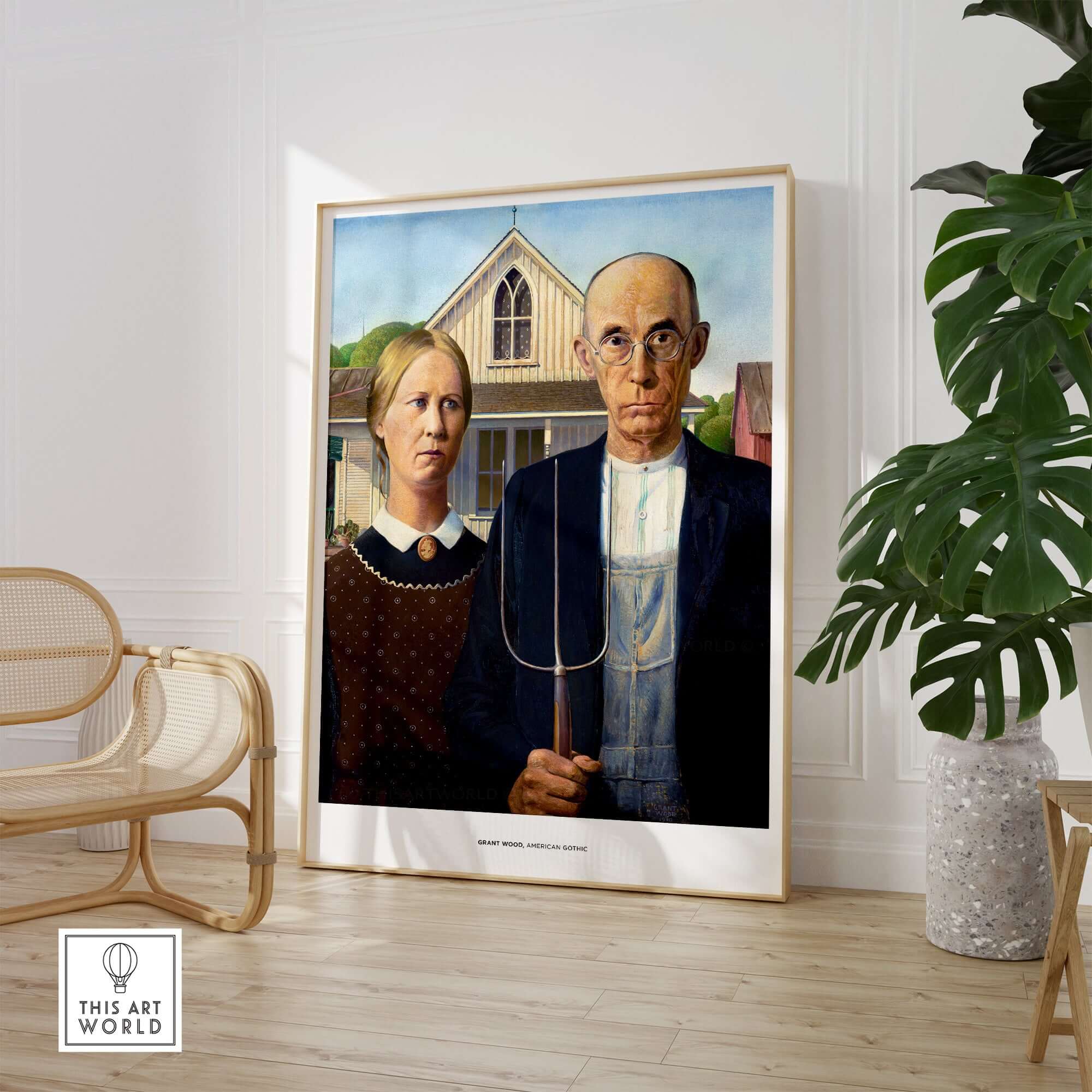 Exhibition Art Print American Gothic Grant Wood Famous Painting Wall Art Poster displayed in modern home interior.