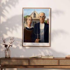 Exhibition Art Print American Gothic Grant Wood Famous Painting Wall Art Poster displayed in modern decor.