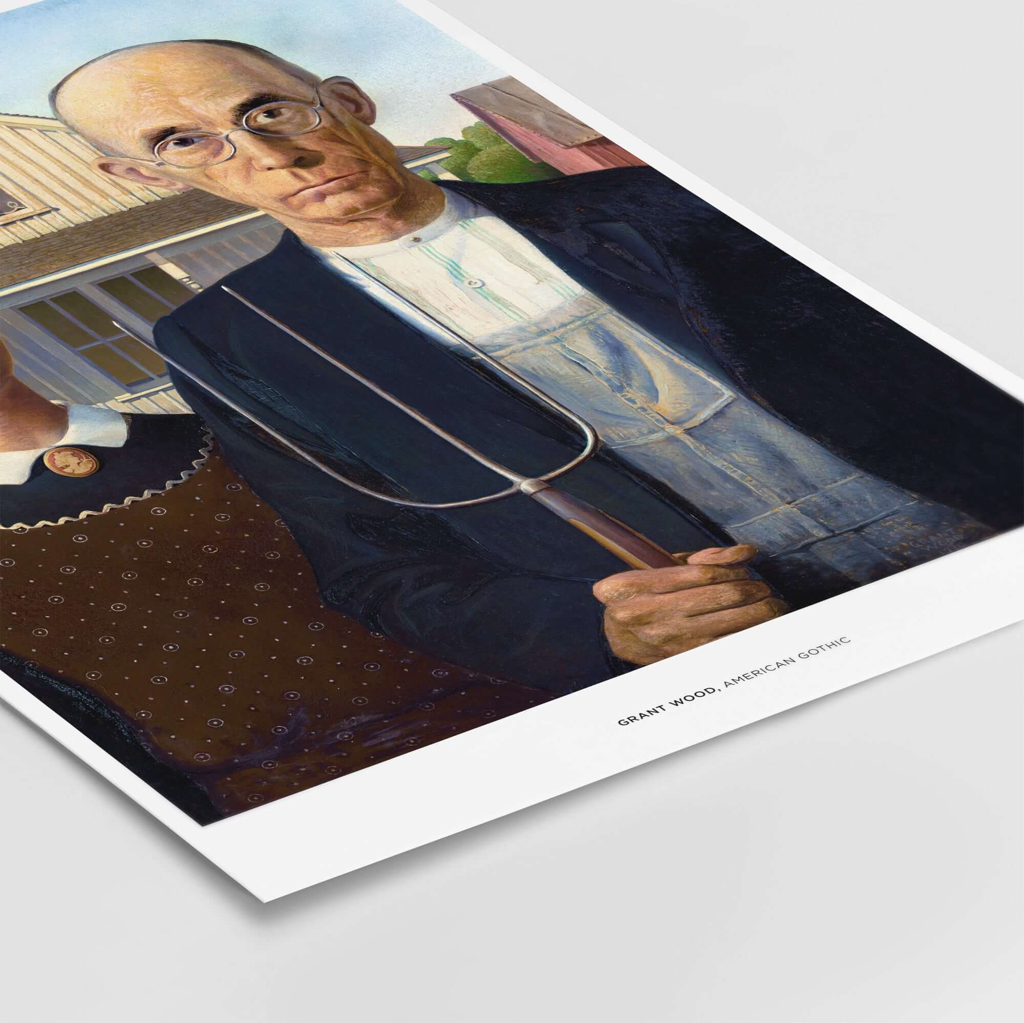 Exhibition Art Print American Gothic Grant Wood Famous Painting Wall Art Poster featuring farmer and daughter.