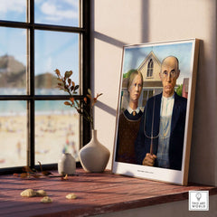 Exhibition Art Print American Gothic Grant Wood Famous Painting Wall Art Poster displayed in a modern interior setting.