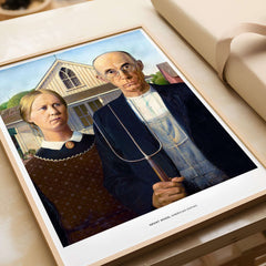 Exhibition Art Print American Gothic Grant Wood Famous Painting Wall Art Poster displayed on a table.