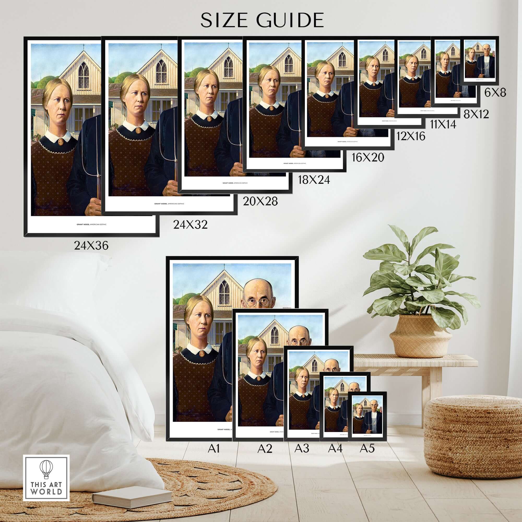 Exhibition Art Print American Gothic Grant Wood Famous Painting Wall Art Poster Size Guide with various frame sizes