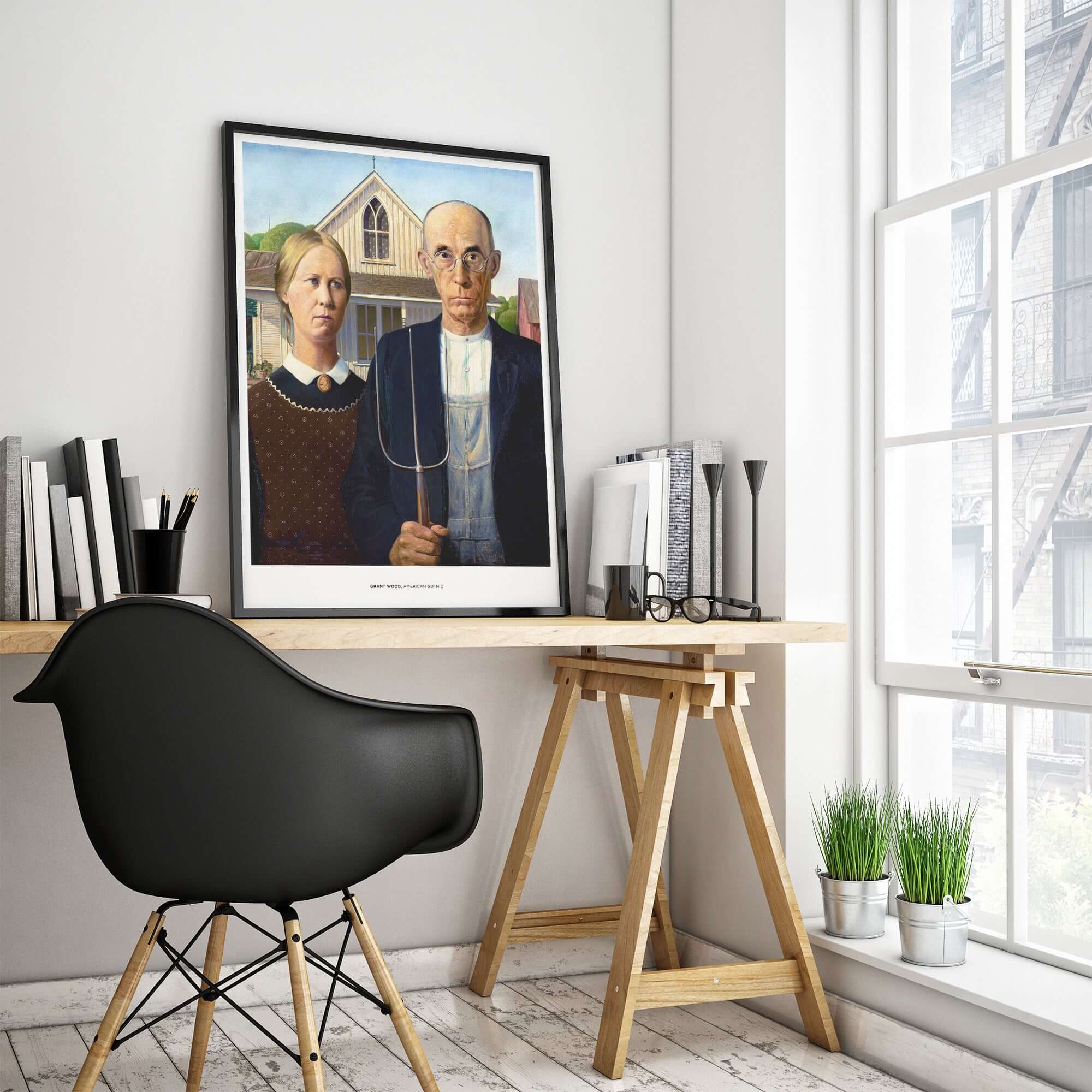 Exhibition Art Print American Gothic Grant Wood Famous Painting Wall Art Poster displayed in a modern office setting.