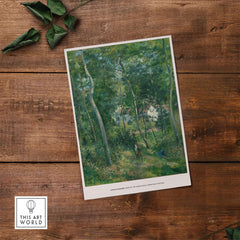 Exhibition Art Print Camille Pissarro Edge of the Woods Impressionist Landscape Poster Wall Art on rustic wooden background.