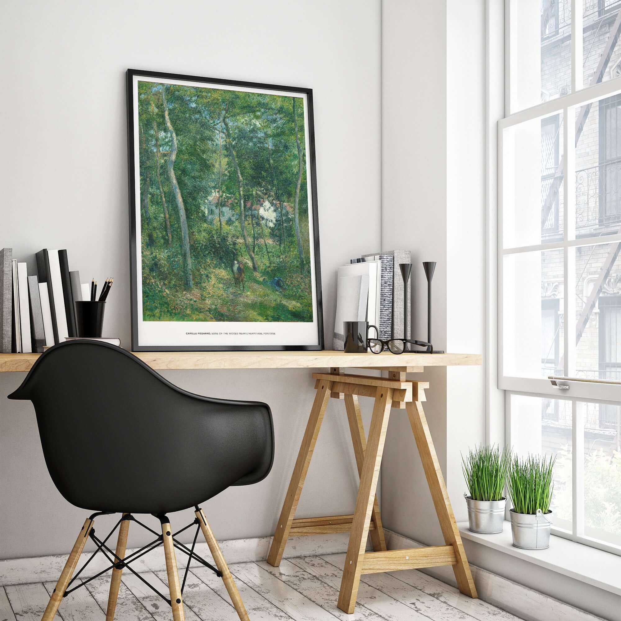 Exhibition Art Print Camille Pissarro Edge of the Woods Impressionist Landscape Poster Wall Art displayed in modern interior.
