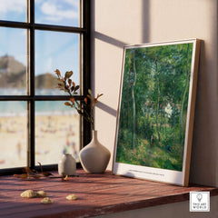 Exhibition Art Print Camille Pissarro Edge of the Woods Impressionist Landscape Poster Wall Art displayed on a window sill.