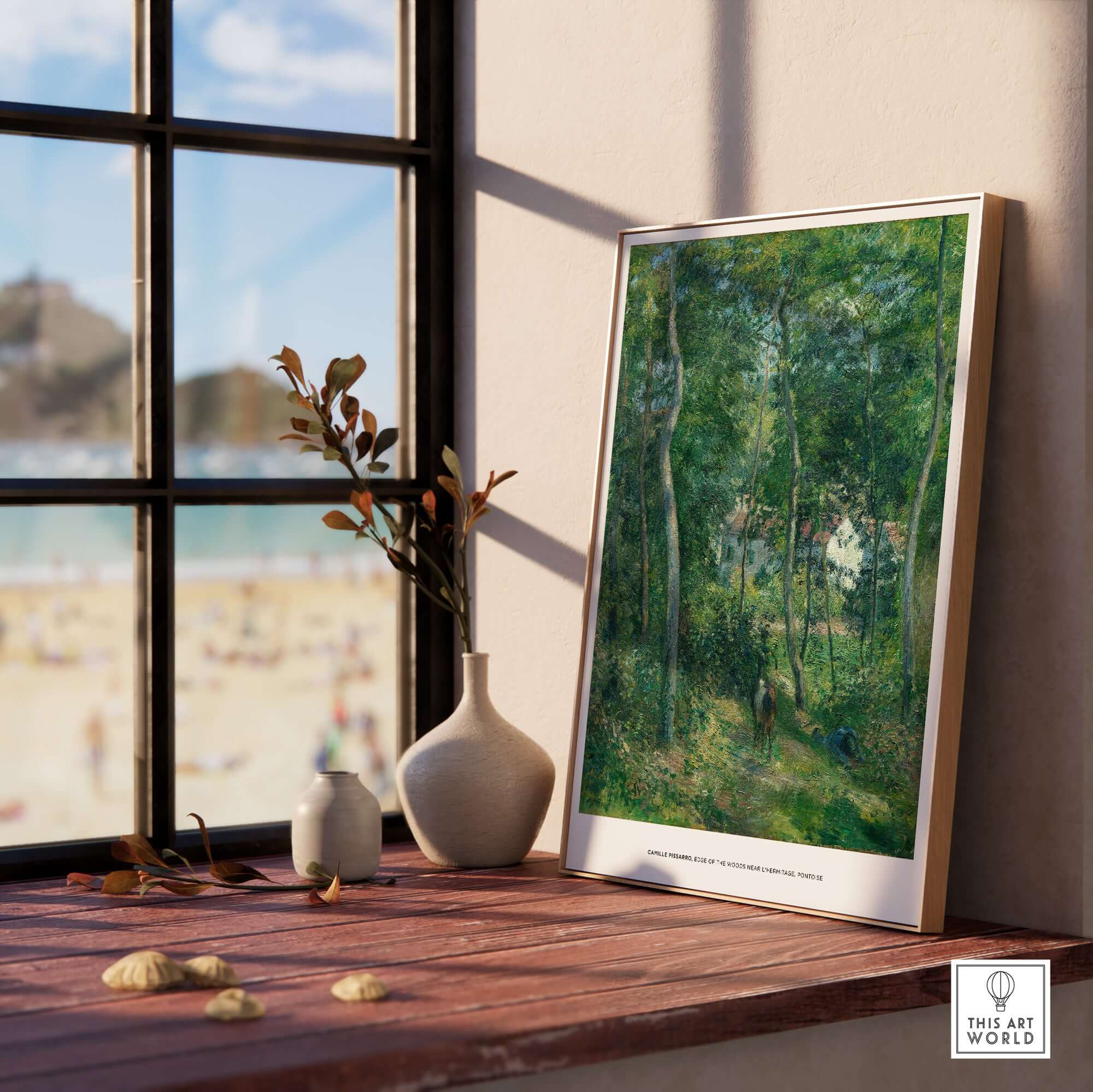 Exhibition Art Print Camille Pissarro Edge of the Woods Impressionist Landscape Poster Wall Art displayed on a window sill.
