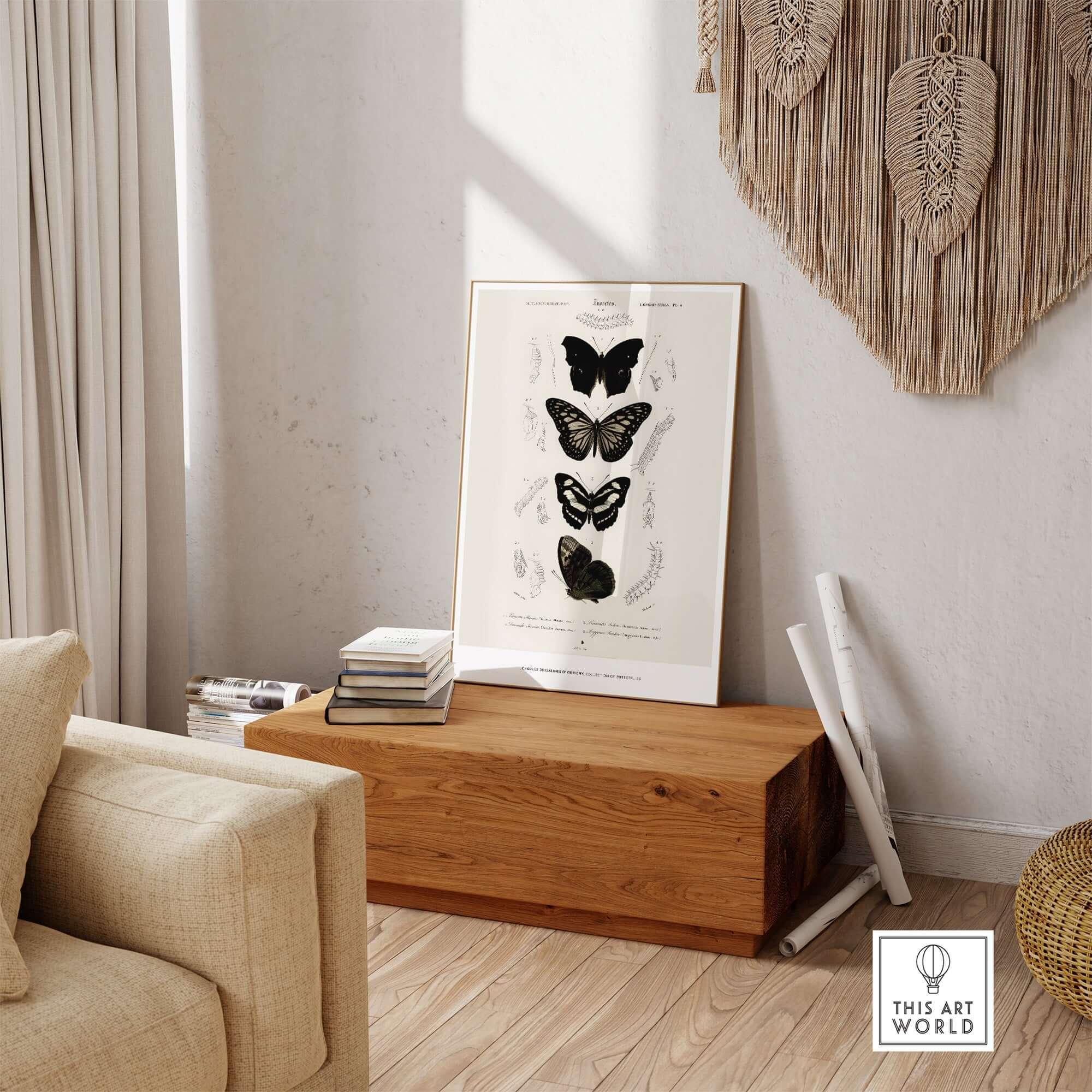Exhibition Art Print Charles d'Orbigny Butterflies Vintage Entomology Poster Wall Art displayed in a stylish interior setting.
