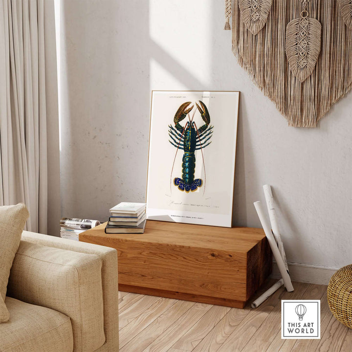 Vintage illustration of a lobster art print by Charles d'Orbigny displayed in a stylish living room.
