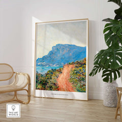 Exhibition Art Print Claude Monet The Corniche near Monaco Impressionist Landscape Poster displayed in modern interior.
