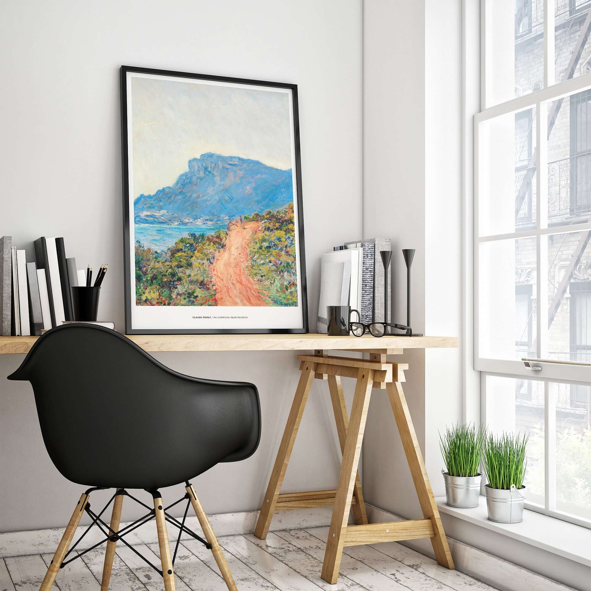 Exhibition Art Print Claude Monet The Corniche near Monaco Impressionist Landscape Poster displayed in a modern home office.