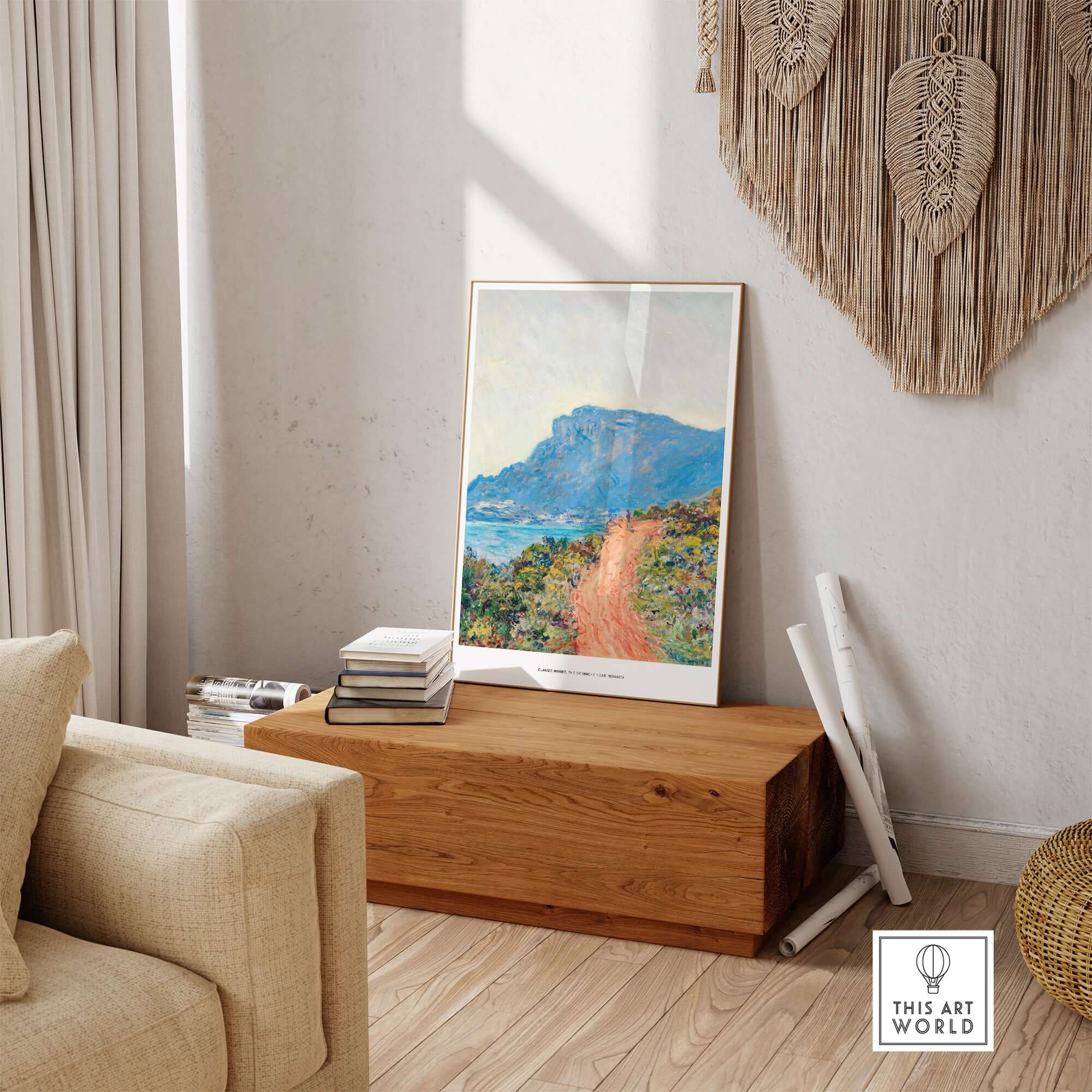 Exhibition Art Print Claude Monet The Corniche near Monaco Impressionist Landscape Poster displayed in a stylish living room.