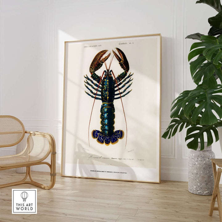 Vintage lobster illustration featuring a detailed scientific art print by Charles d'Orbigny in a stylish interior.