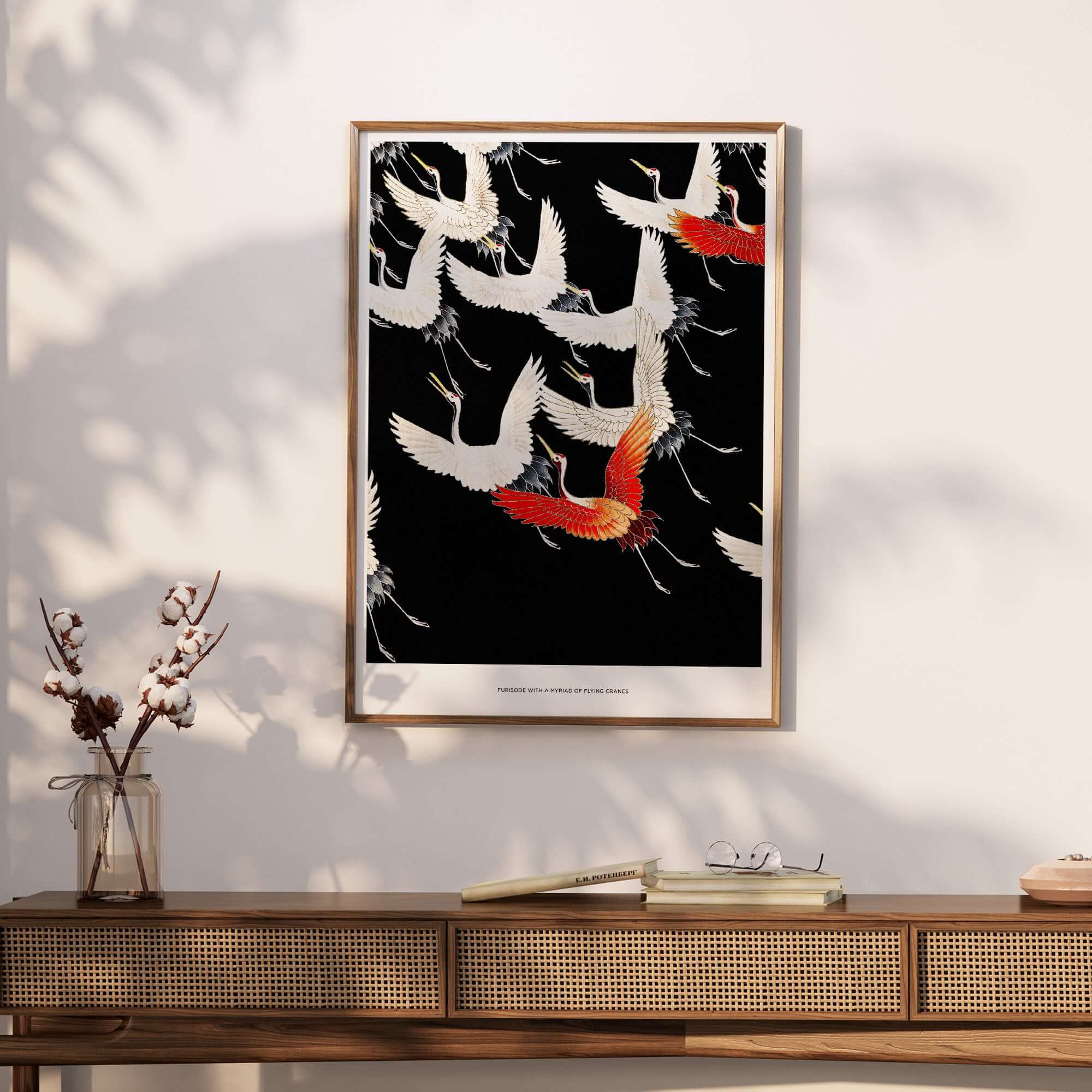 Exhibition Art Print Myriad of Flying Cranes Japanese Bird Pattern Poster Wall Art framed on a modern wall decor.
