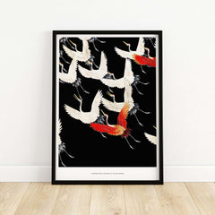 Exhibition Art Print Myriad of Flying Cranes Japanese Bird Pattern Poster Wall Art featuring white and red cranes on black.