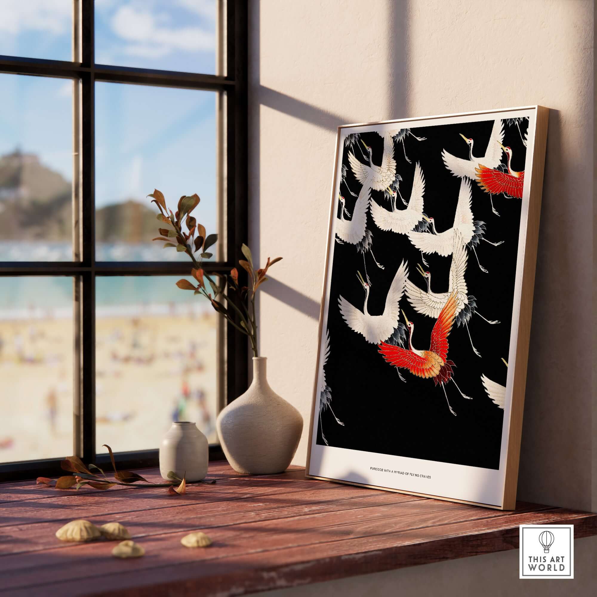 Exhibition Art Print Myriad of Flying Cranes Japanese Bird Pattern Poster Wall Art displayed in a modern interior with beach view.