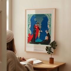 Exhibition Art Print George Barbier Empedocles Panthea Art Deco Mythology Poster Wall Art framed on wall above a person reading.