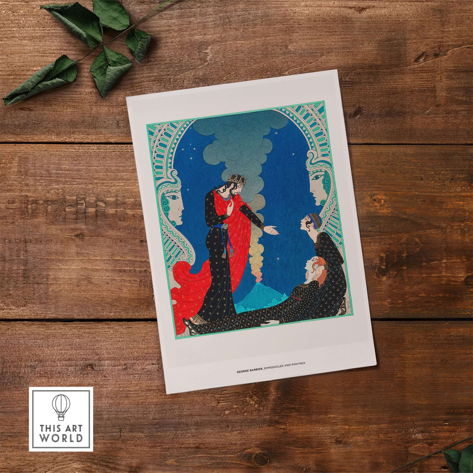 Exhibition Art Print George Barbier Empedocles Panthea Art Deco Mythology Poster Wall Art displayed on wooden background.