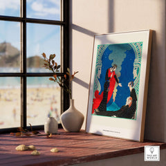 Exhibition Art Print George Barbier Empedocles Panthea Art Deco Mythology Poster Wall Art displayed on a sunlit wooden table.