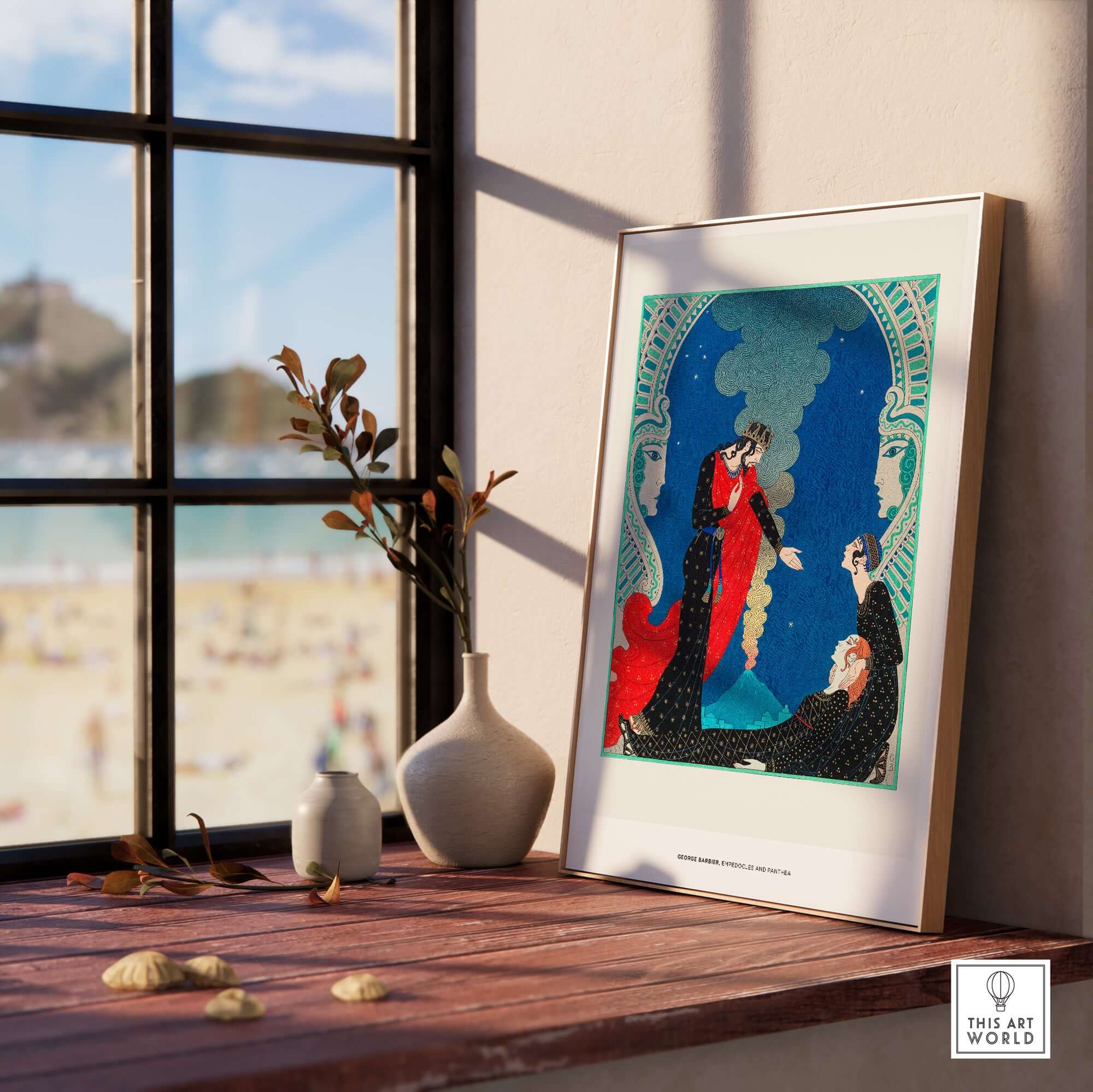 Exhibition Art Print George Barbier Empedocles Panthea Art Deco Mythology Poster Wall Art displayed on a sunlit wooden table.