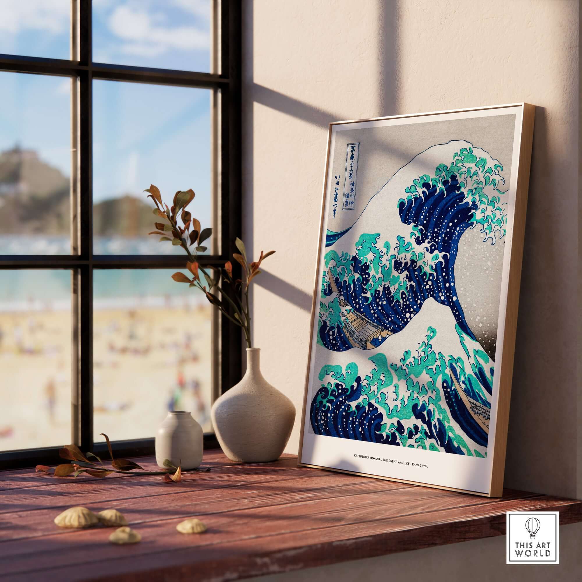Exhibition Art Print Hokusai The Great Wave off Kanagawa Japanese Ukiyo-e Poster displayed on a wooden shelf by a window.